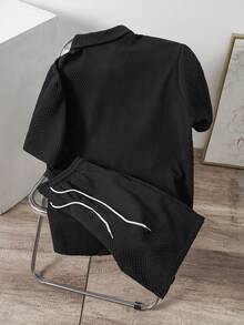 Manfinity Joysei 男士纯色短袖单排扣衬衫和短裤沙滩套装 - 黑色 - 查看 2