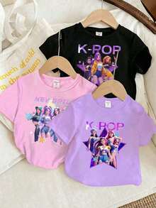 Camiseta casual versátil de manga corta y cuello redondo con estampado gráfico de Kpop girl - Multicolor - Ver 1