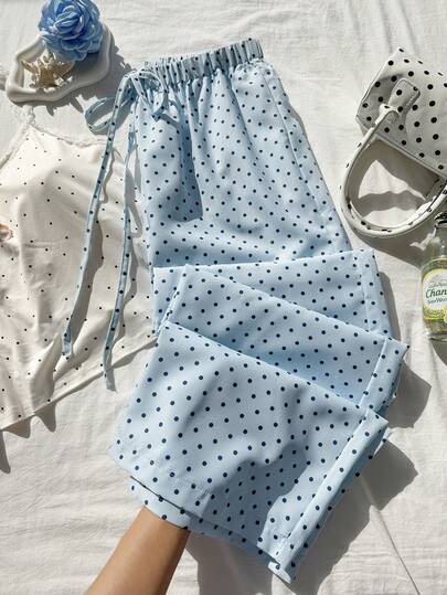 Comfortcana Women's Casual Vacation Style Polka Dot Print Drawstring Waist Loose Wide Leg Pants, Suitable For Daily Commute