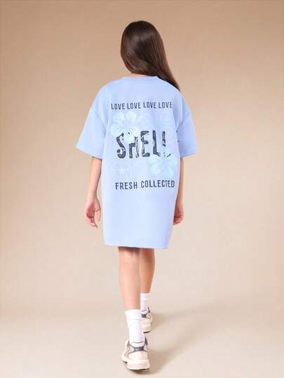 SUMWON Oversized Shell Print T-Shirt Dress With Short Sleeves And Crew Neck For Casual Summer Beach Vacation Comfort Relaxed Fit Mini Dress