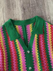 Manfinity Joysei 男士手工镂空短袖休闲开衫 - 綠色 - 查看 2