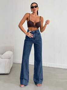 EURMUSE 100%Cotton Women Casual Straight Leg Washed Denim Jeans - Dark Wash - View 3