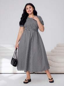 Solflare 大码女式夏季休闲通勤格纹印花花瓣袖褶皱腰身中长连衣裙 - 彩色 - 查看 5