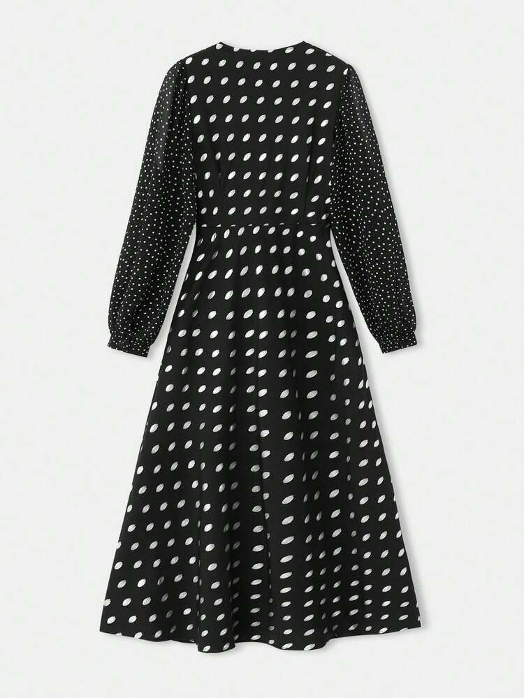 Black Midi Long Sleeve Woven Dress With Metallic Polka Dot Print V Neck Vintage Style Chic Autumn Winter