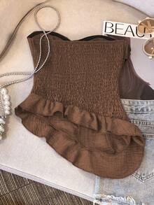 GlowEve 女士优雅不对称荷叶边抹胸上衣，适合夏季度假 - 咖啡棕 - 查看 2