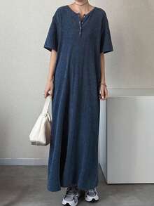 FRIFUL Women's Half-Placket Textured Fabric Straight Long Dress - Blue - View 4