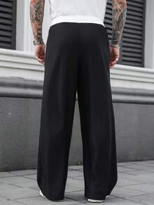 Manfinity Homme 男士休闲撞色抽绳口袋运动裤，男士复古风，日常休闲、周末旅行、户外活动、探险旅行、轻松的工作环境或半正式场合，男友/老公礼物，周年纪念/生日礼物，派对、夏季假期、婚礼、春夏、复活节，男士黑色华夫格针织休闲裤，白色抽绳和口袋，休闲宽松版型，日常穿着，男士抽绳运动裤，男士运动裤，抽绳运动裤，黑色运动裤，休闲裤 - 彩色 - 查看 2