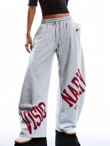 LYSMO 女士字母印花抽绳腰斜插口袋阔腿运动裤 - 淺灰色 - 查看 3