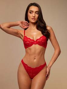 Silquee 花卉蕾絲鋼圈內衣套裝 - 紅色 - 查看 9