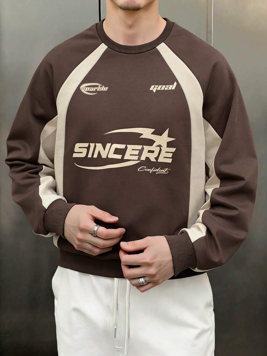 Manfinity Roghcode Sweatshirt Kasual Pria Lengan Panjang Raglan Leher Bulat Warna Kontras Cokelat, Kaos Grafis Cokelat, Sweatshirt Cokelat, Jersey Cokelat untuk Pria - MultiWarna - View 1
