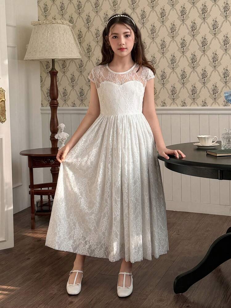 Tween Girl Solid Color Lace Patchwork Round Neck Elegant Dress