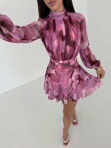 Aloruh 女士新款秋冬长袖修身A字伞裙，青春活力户外、约会、教师装，浪漫紫色扎染网纱印花立领系腰连衣裙 - 藕粉色 - 查看 6