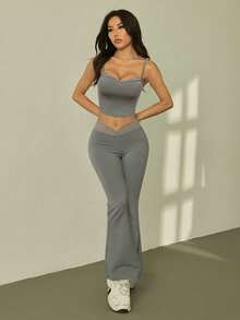 SHEIN PETITE 夏季黑色蕾丝拼接吊带裤+喇叭裤女士修身两件套 - 灰色 - 查看 6