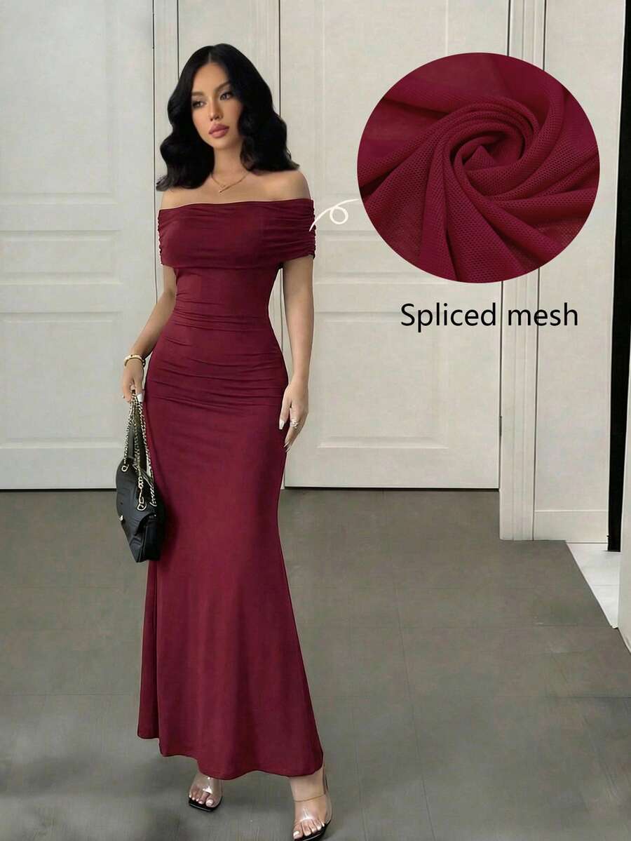 Rafferiza Fashionable Elegant Off-Shoulder Mesh Sexy Dress - Burgundy - View 1