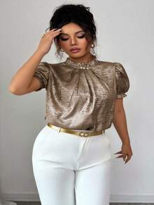 Elenzga Blusa de talla grande con mangas abullonadas metálicas y decoración de perlas - Dorado - Ver 5