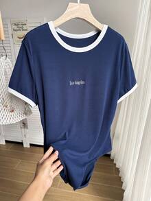 Comfortcana Plus Size Women Knitted Contrast Trim Short Sleeve Bodysuit - Blue - View 3