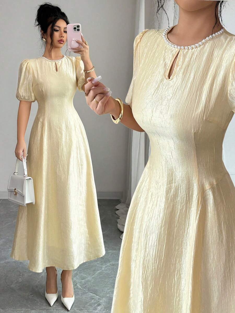 Modelyn Women's Elegant Puff Sleeve Cinched Waist Shiny Dress - Yellow - View 1