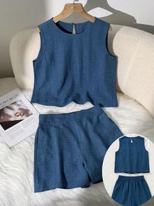 EMERY ROSE Women's Casual Round Neck Sleeveless Top And Shorts Set, Loose Fit Two Pieces Outfit - Blue - View 1