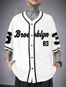 Aesthetic Post 男士休闲时尚街头通勤字母数字印花撞色滚边宽松衬衫，夏季 - 白色 - 查看 1