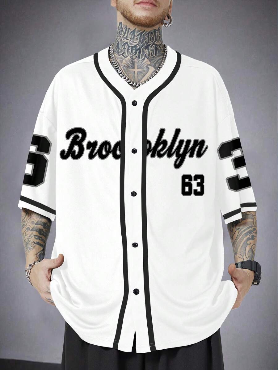 Aesthetic Post 男士休闲时尚街头通勤字母数字印花撞色滚边宽松衬衫，夏季 - 白色 - 查看 1