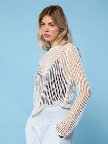 COUREZ 长袖开襟针织沙滩罩衫 / Y2K 夏季女装 可爱性感米色上衣 沙滩装 度假装 泳装 夏季度假外出装 - 淡黃色 - 查看 4