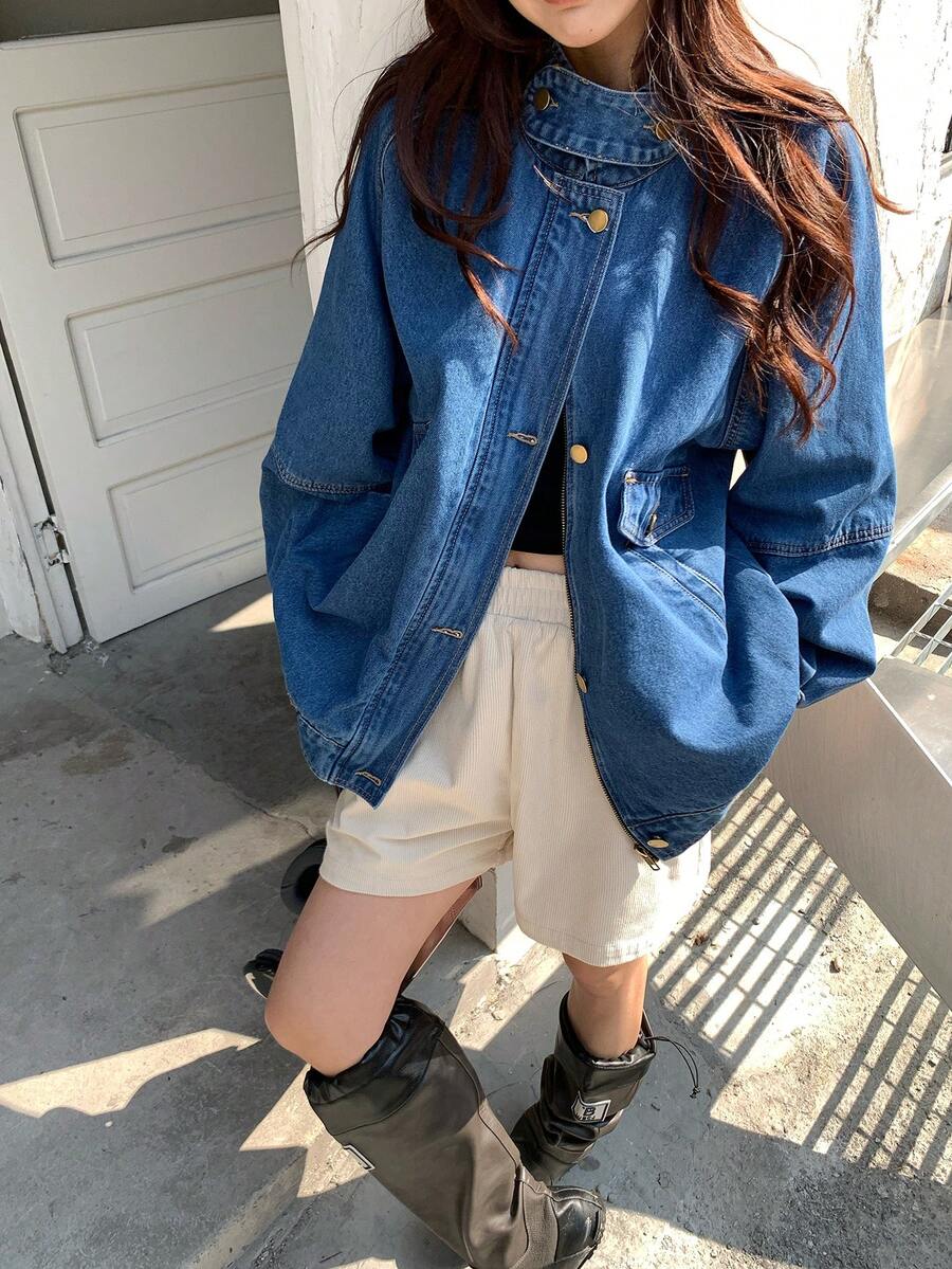 DAZY Women's Long Sleeve Single-Breasted Casual Loose Denim Jacket - Blue - View 1