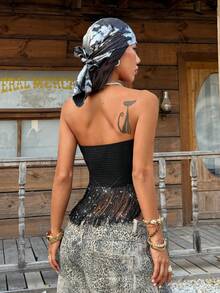 Muchica 女士夏季时尚度假风黑色亮片流苏打结露脐抹胸上衣 - 黑色 - 查看 6