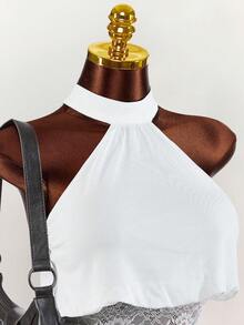 Amplova 女士撞色蕾丝吊带露脐上衣 - 白色 - 查看 6