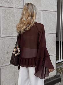 Livesso 酒红色荷叶边优雅嘉年华薄纱宽松衬衫，春季 - 酒紅色 - 查看 2