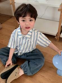 DAZY 男童翻领条纹休闲短袖上衣 - 淺藍色 - 查看 1