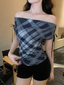 DAZY Women's Spring New Sexy Sheer Tie Strap One-Shoulder Plaid T-Shirt - Light Grey - View 4