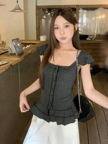 DAZY 女士波点韩式荷叶边夏季T恤 - 灰色 - 查看 3
