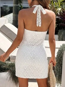 Bonvoyette 女士夏季沙滩蕾丝网纱拼接贝壳边饰V领系带露背优雅性感紧身迷你连衣裙 - 白色 - 查看 2