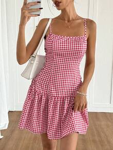 Ritzy Row 女士休闲格子吊带迷你连衣裙，夏季 - 粉色 - 查看 5