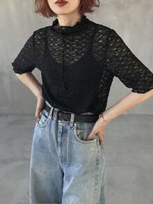 FRIFUL 女士半高领蕾丝薄纱短袖衬衫 - 黑色 - 查看 2