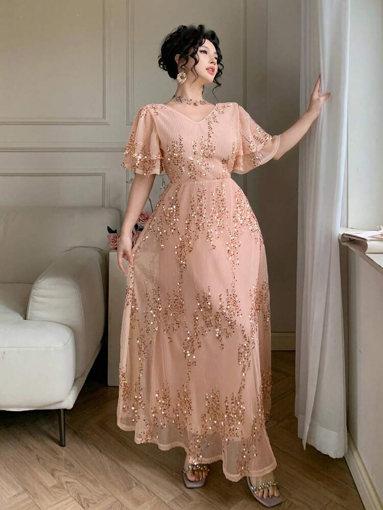 Women's Elegant Sequin V-Neck Ruffle Hem Dress, Summer Wedding Guest Dress Sundress