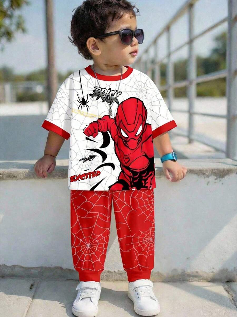 SHEIN Bộ đồ thể thao 2 món cho bé trai, gồm áo tay ngắn cổ tròn, dáng rộng thoải mái, họa tiết in hình hoạt hình siêu anh hùng và mạng nhện, thích hợp cho mùa xuân và hè. - Nhiều màu - Xem 1