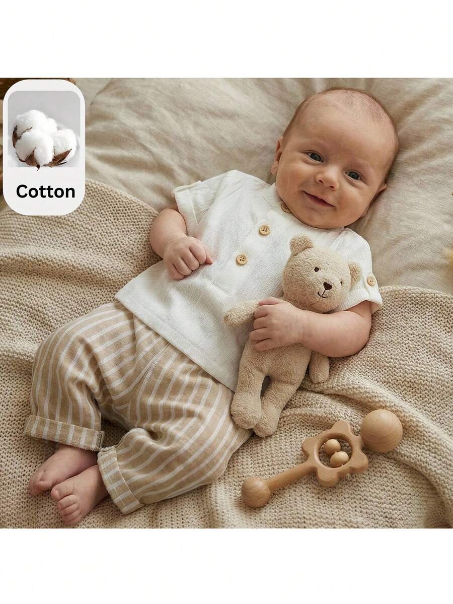 Loomiva 2 piezas Conjunto de camisa de cuello gris estilo universitario casual y pantalones elásticos a rayas para recién nacido niño, adecuado para fiesta de cumpleaños, evento de noche, actuación, boda, baby shower, celebración de 1 mes - Multicolor - Ver 1