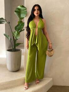 SHEIN SXY 女款橄欖綠兩件套，掛脖露背荷葉邊上衣與寬腿褲，夏季休閒海灘度假度假穿搭，大尺碼 - 橄欖綠 - 查看 4