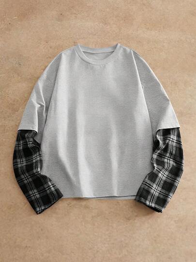 HIMLAND Men's Casual Commute Street Plaid Print Long Sleeve 2 In 1 T-Shirt Cropped Mens Shirts Men Sweater Top Men Knit Tops Cut Off Sleeve T Shirt Men Mesh Tops Men
