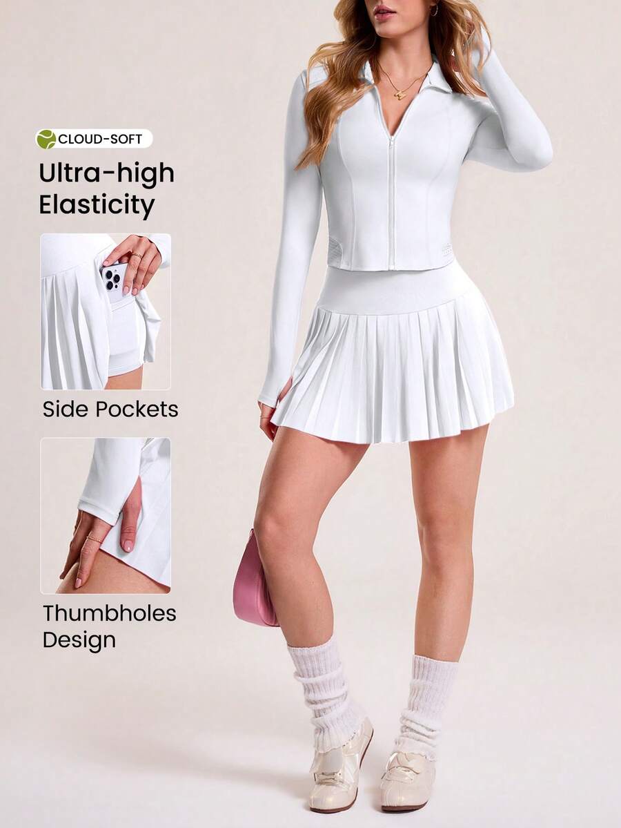 CourtClass Women's Minimalist Solid Color Zip-Up Jacket And Pleated Skirt Tennis Outfit, 2pcs Set - White - View 1