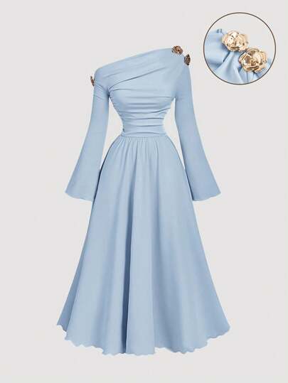 SHEIN MOD فستان نسائي أنيق أسيمتري الكتف متوسط الطول، فستان كتف واحد أنيق، ملابس خريفية/شتوية للنساء، فستان ، فستان رأس السنة، فستان حفلة، فساتين أنيقة للسيدات، خريفي أنيق، فستان عيد الميلاد