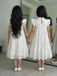 SHEIN Tween Girl Casual Vacation Elegant Floral Embroidered Woven Patchwork Tiered Ruffle Loose Cap Sleeve Dress, White, Spring/Summer - White - View 2
