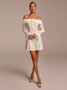 COSMINA 女士优雅杏色喇叭袖露肩蕾丝A字迷你连衣裙，休闲时尚派对假日连衣裙 - 杏色 - 查看 3