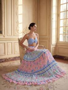 LOTSLUV Falda evasé con estampado de colocación azul y rosa, volante fruncido, bajo asimétrico para mujer - Multicolor - Ver 5