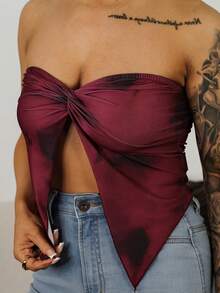 SAYEHFBABY 女士休闲优雅扭结不对称下摆抹胸上衣，扎染印花，安哥拉红 - 彩色 - 查看 3