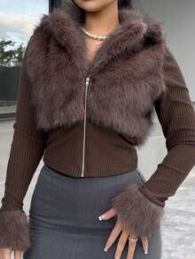 Vassilux Fashionable Street Style Faux Fur Zipper Long Sleeve Jacket For Women,Fall Clothes - Brown - View 4