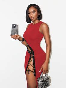 SHEIN BamGlam Women's Sleeveless Criss-Cross Backless Dress - Red - View 5