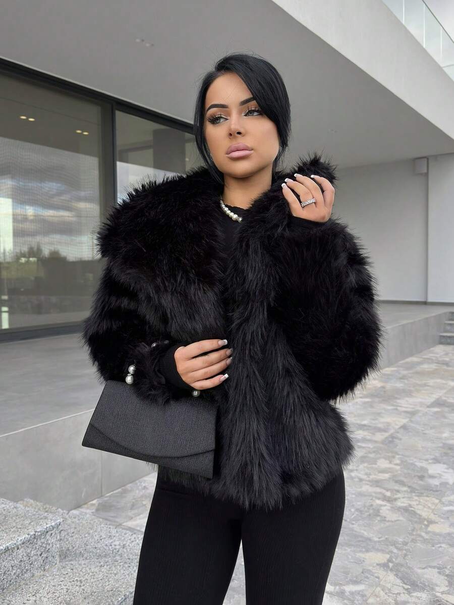 Vassilux Fashionable Solid Color Faux Fur Jacket, Autumn/Winter - Black - View 1