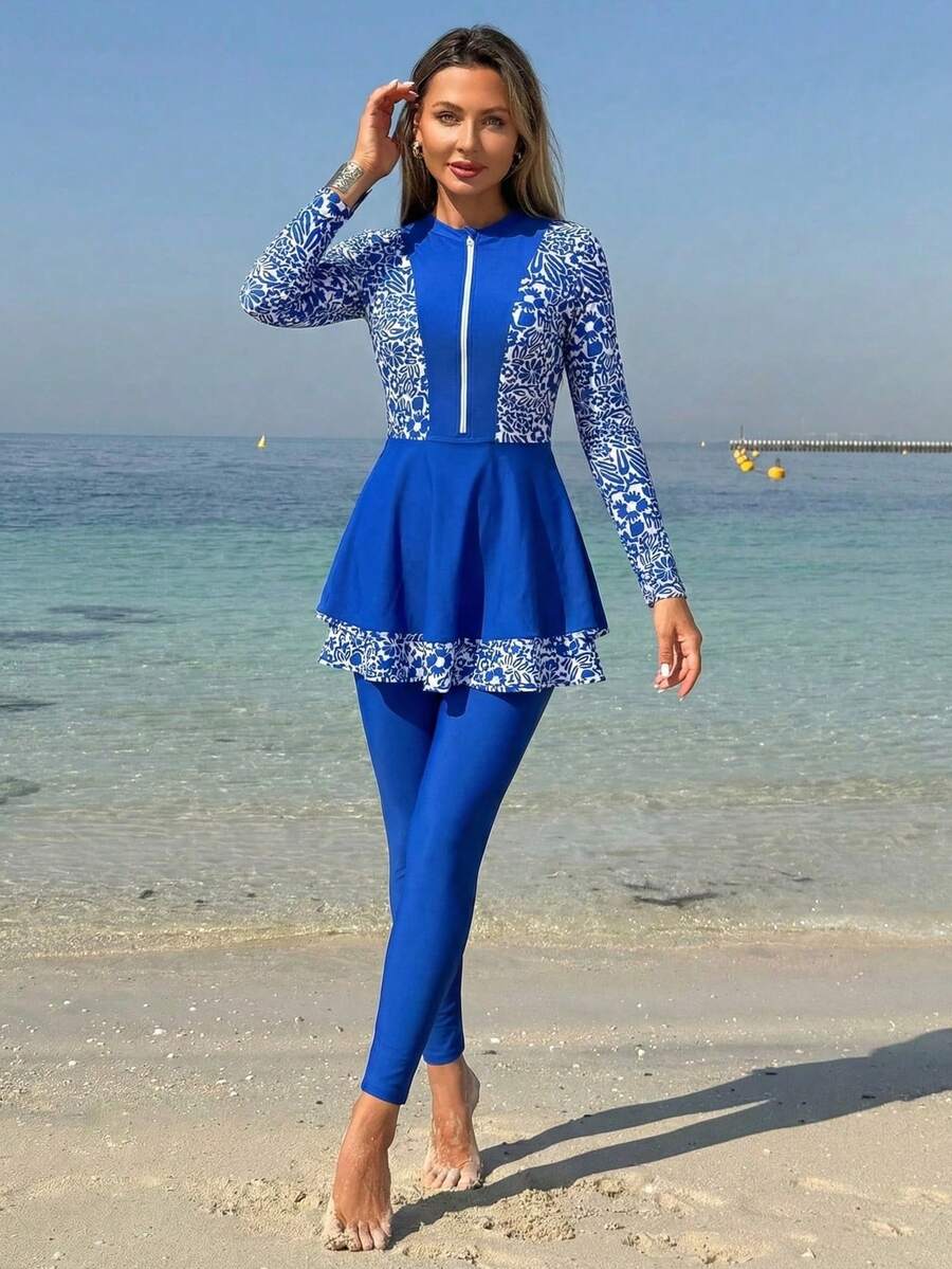 Swim Mulvari 两件套女士布基尼泳衣套装，花卉印花层叠荷叶边设计，蓝色度假风布基尼泳装套装 - 藍色 - 查看 1